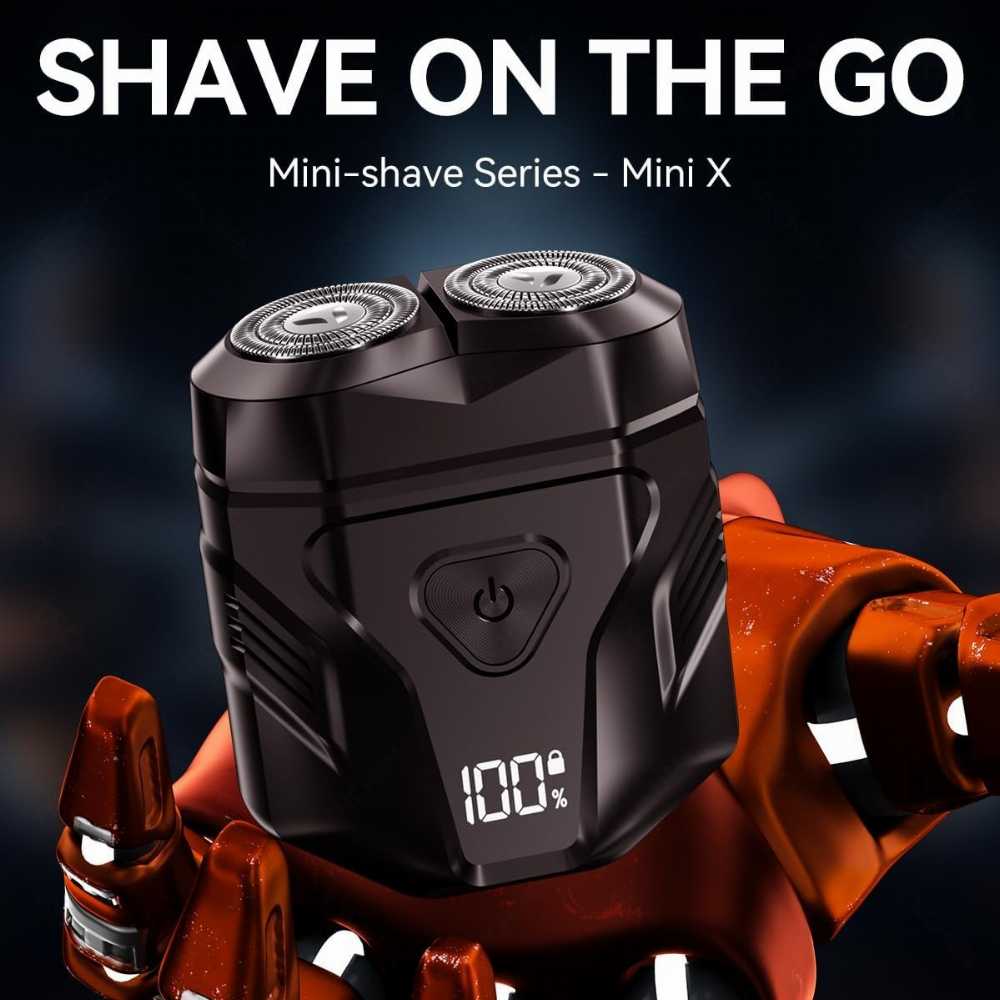 Black electric shaver on a dark background with text 'Shave on the Go' and 'Mini-shave Series - Mini X'.