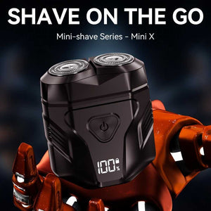 Black electric shaver on a dark background with text 'Shave on the Go' and 'Mini-shave Series - Mini X'.