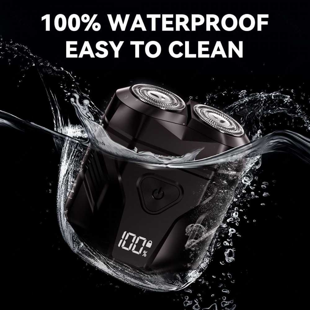 Electric shaver with water splashes and text '100% Waterproof Easy to Clean' on a black background