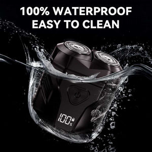 Electric shaver with water splashes and text '100% Waterproof Easy to Clean' on a black background