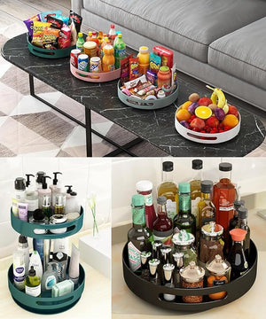 Collection of round trays with snacks, drinks, fruits, and various items on a marble surface.