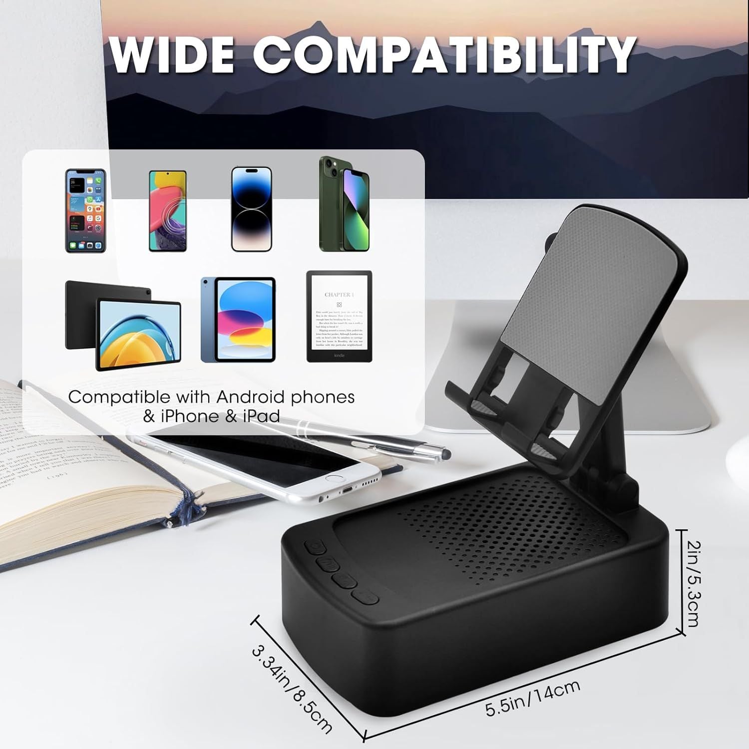 Phone stand with compatibility features displayed on a desk