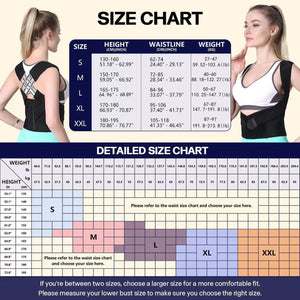 Size chart for a posture corrector with height, waistline, and weight measurements.