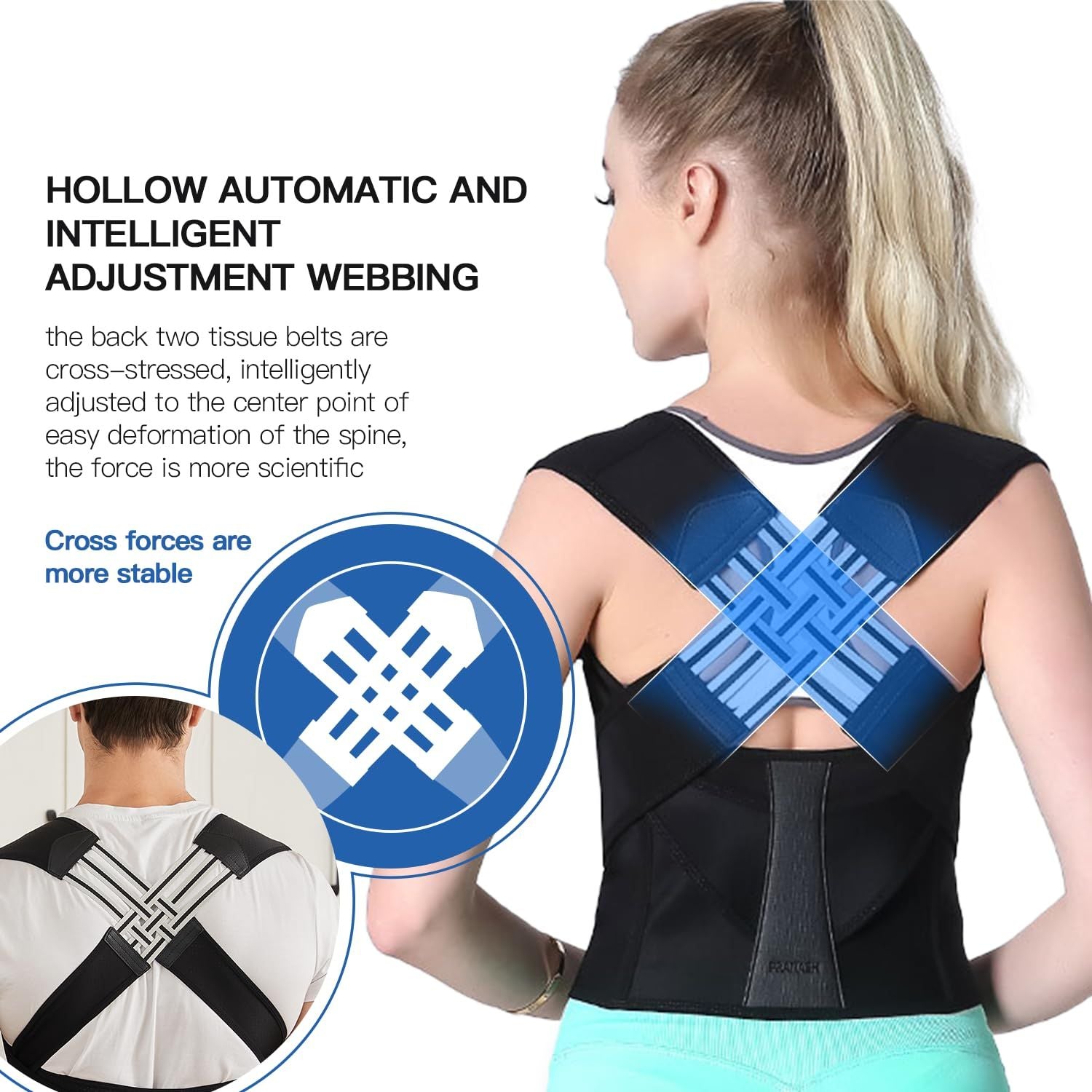 Woman wearing a black posture corrector with text and diagram on a white background