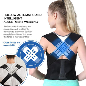 Woman wearing a black posture corrector with text and diagram on a white background