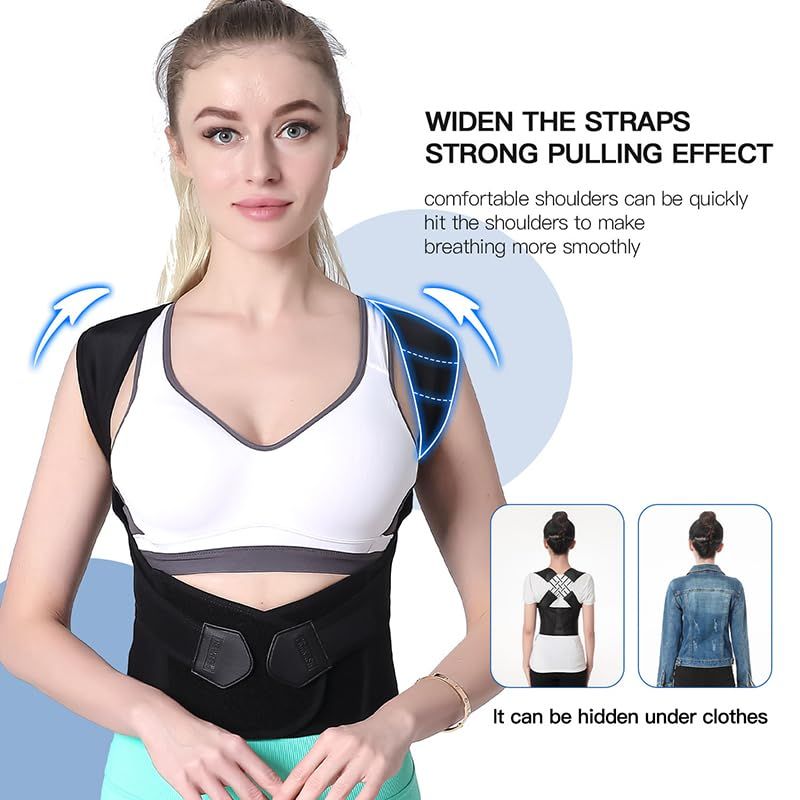 Woman wearing a black back support brace with text highlighting its features.
