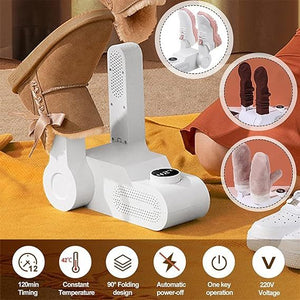shoe dryer on a table with hite insets showing shoe care features, surrounded by shoes and a blanket.