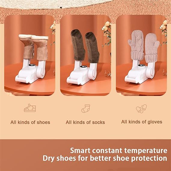 Three stages of using a shoe dryer with text indicating it dries all kinds of shoes, socks, and gloves.