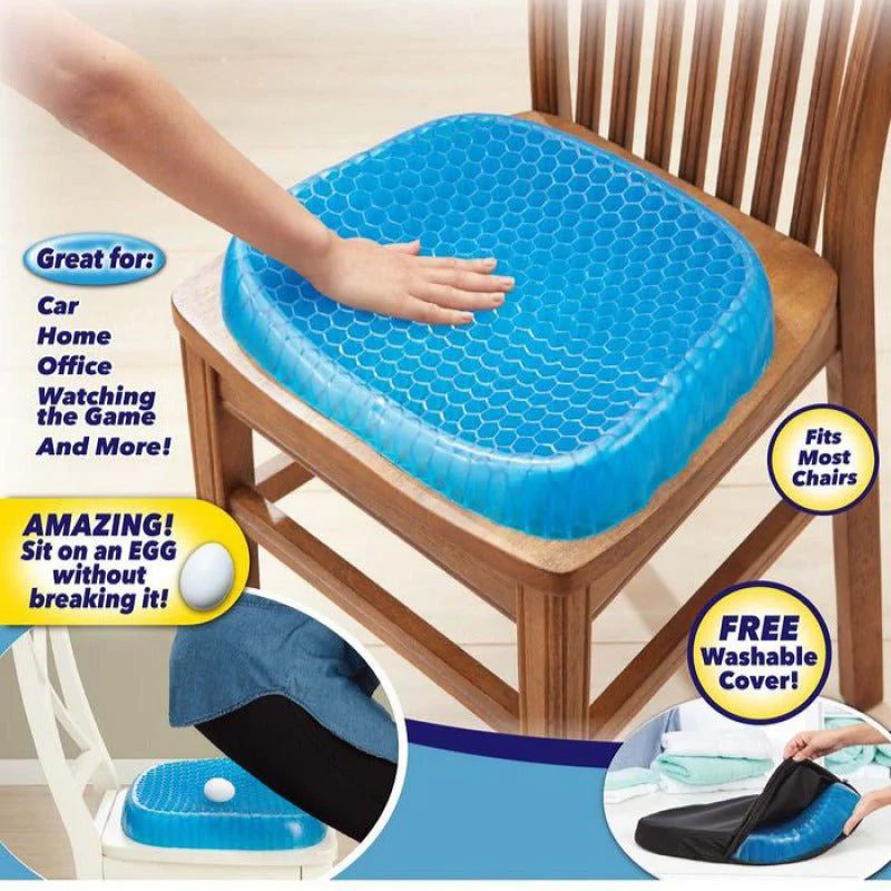 Blue honeycomb seat cushion on a chair with promotional text and images.
