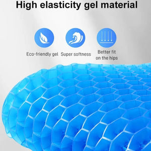 Blue gel material with text highlighting eco-friendliness, softness, and fit on hips.