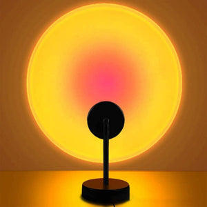 Table lamp with a large circular light fixture on a plain background