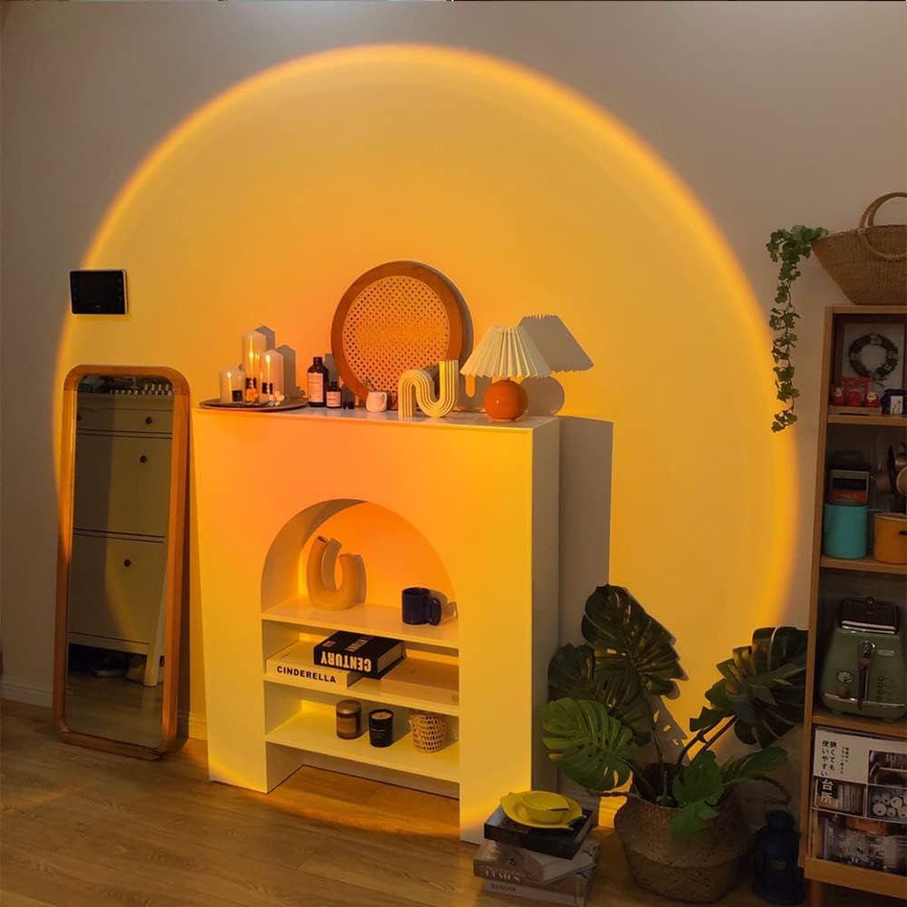 Room interior with a shelf, mirror, and decorative items under a warm glow.