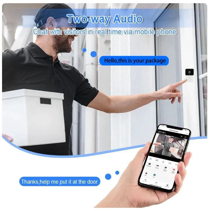 Person using a smart doorbell system with two-way audio and smartphone app interface.
